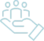 Outline of a hand holding three simplified human figures, representing support or care for people.