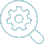 Light blue magnifying glass icon with a gear inside, symbolizing search or settings functionality.