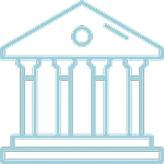 Simple outline of a classical building with columns and a triangular pediment, resembling a courthouse or bank.