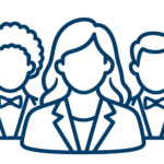 Line drawing of three professionals, a woman in the center flanked by two men in bow ties.