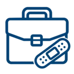 Blue icon of a briefcase with an adhesive bandage across the front.