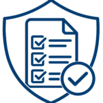 A blue shield icon containing a document with three checked boxes and a checkmark in a circle.