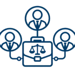 Icon showing a briefcase with scales of justice connected to three people in circular frames.