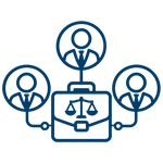 A briefcase with a scale of justice icon connected to three stylized figures in circles.