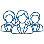Blue line art icon of three people in business attire.