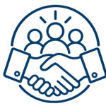 Line art icon of two hands shaking in front of a group of three people.