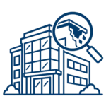 Line art icon of a magnifying glass inspecting a crack in the roof of a commercial building.