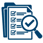 An icon of a checklist with a magnifying glass held over a completed checkmark.