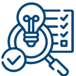 An icon featuring a lightbulb inside a magnifying glass next to a checklist with completed tasks.