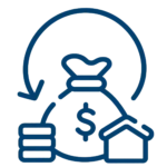 Icon of a money bag with a dollar sign, a stack of coins, and a house outline, circled by a circular arrow.