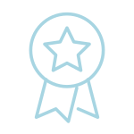 Line art icon of a star centered within a circular badge with two ribbons hanging below.